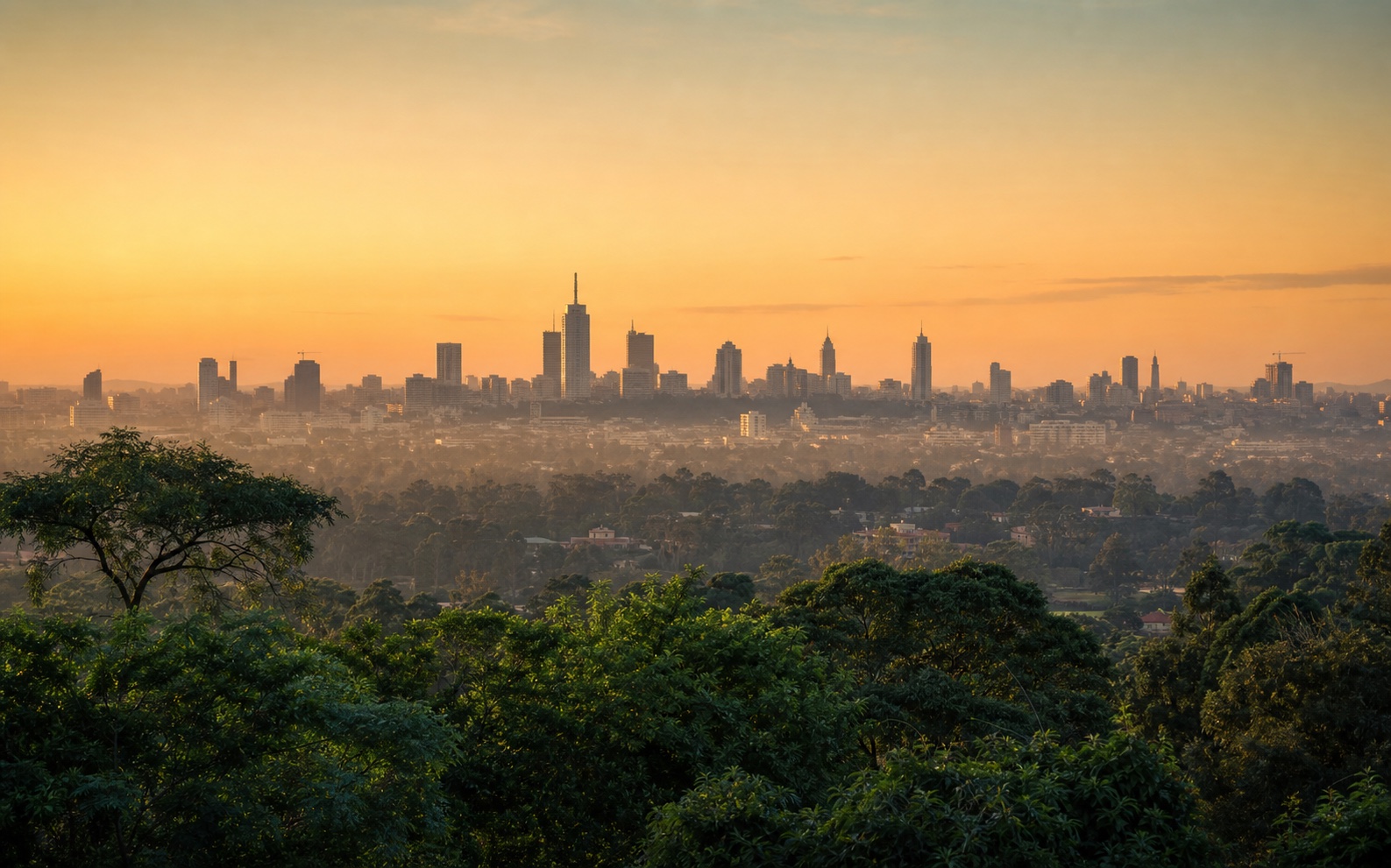 Nairobi skyline rising beyond a green tree canopy at golden dawn