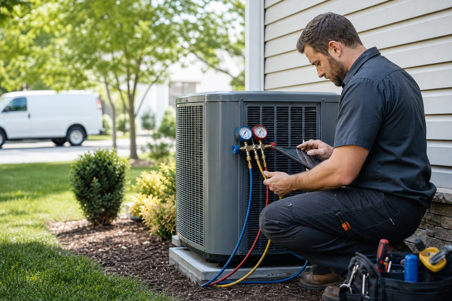 An HVAC technician reviewing service information beside an outdoor unit